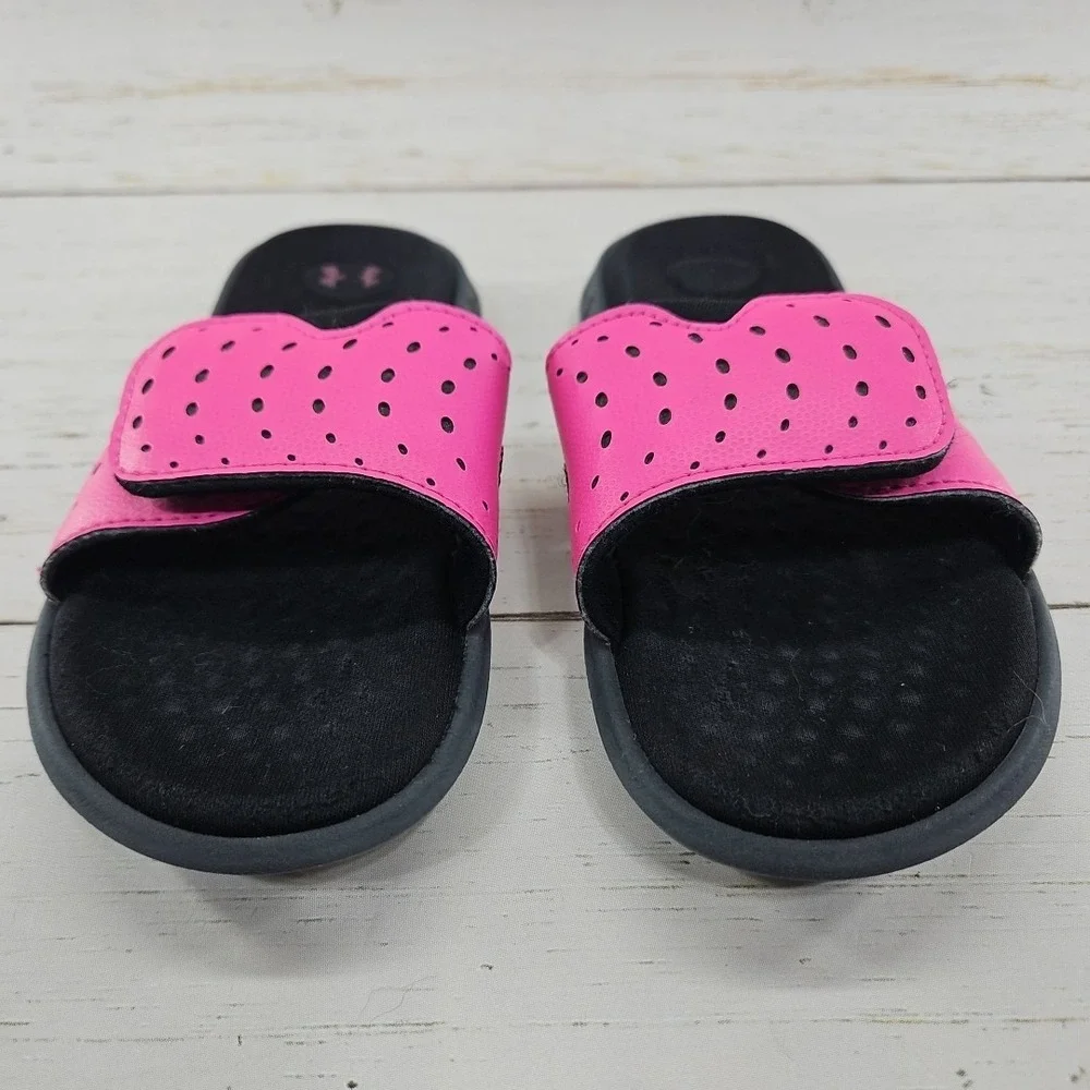 Under Armour Ignite Pro Slides Girls‎ 13K Black Pink Adjustable Strap 3026039